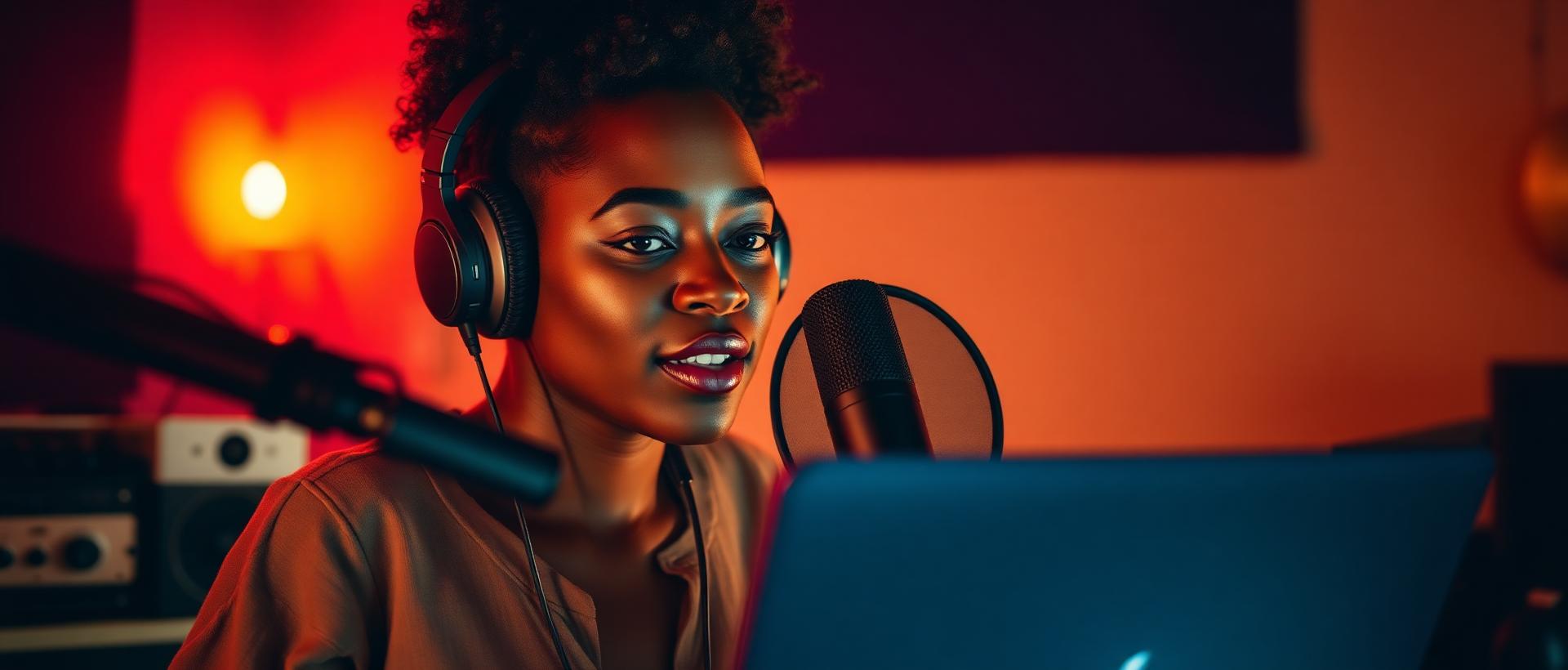 Young Black British woman recording vocals in a warm home studio