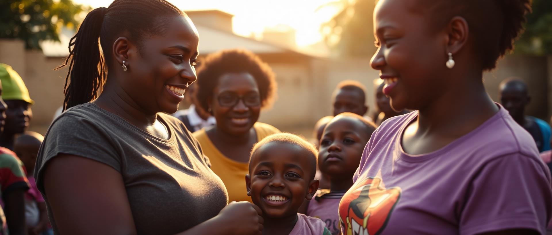 Volunteers and children at a community outreach event in Lagos at golden hour